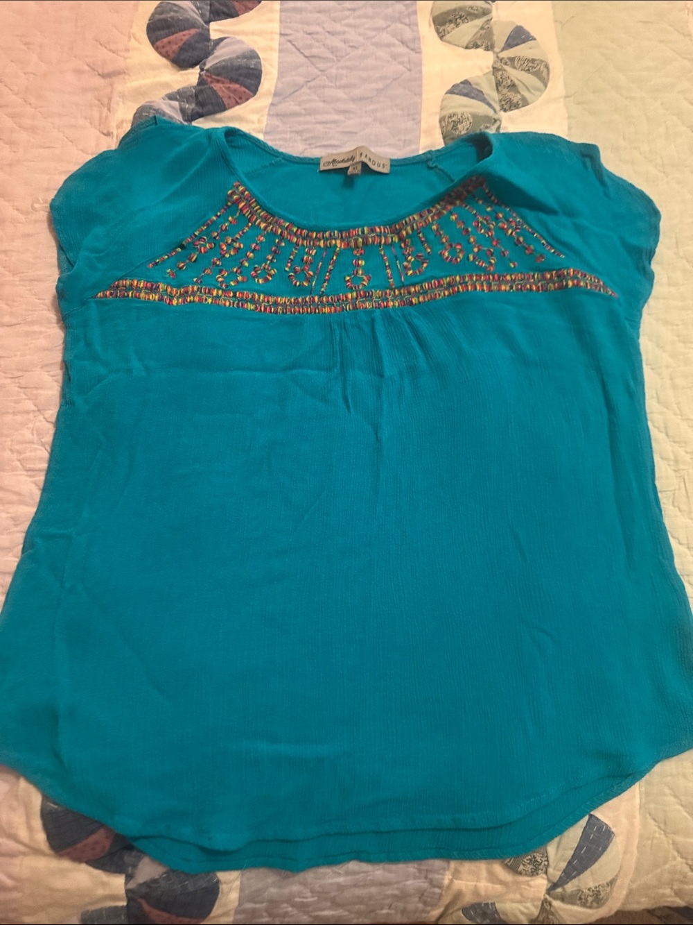 Absolutely Famous Teal Embellished Cap-Sleeve Blouse